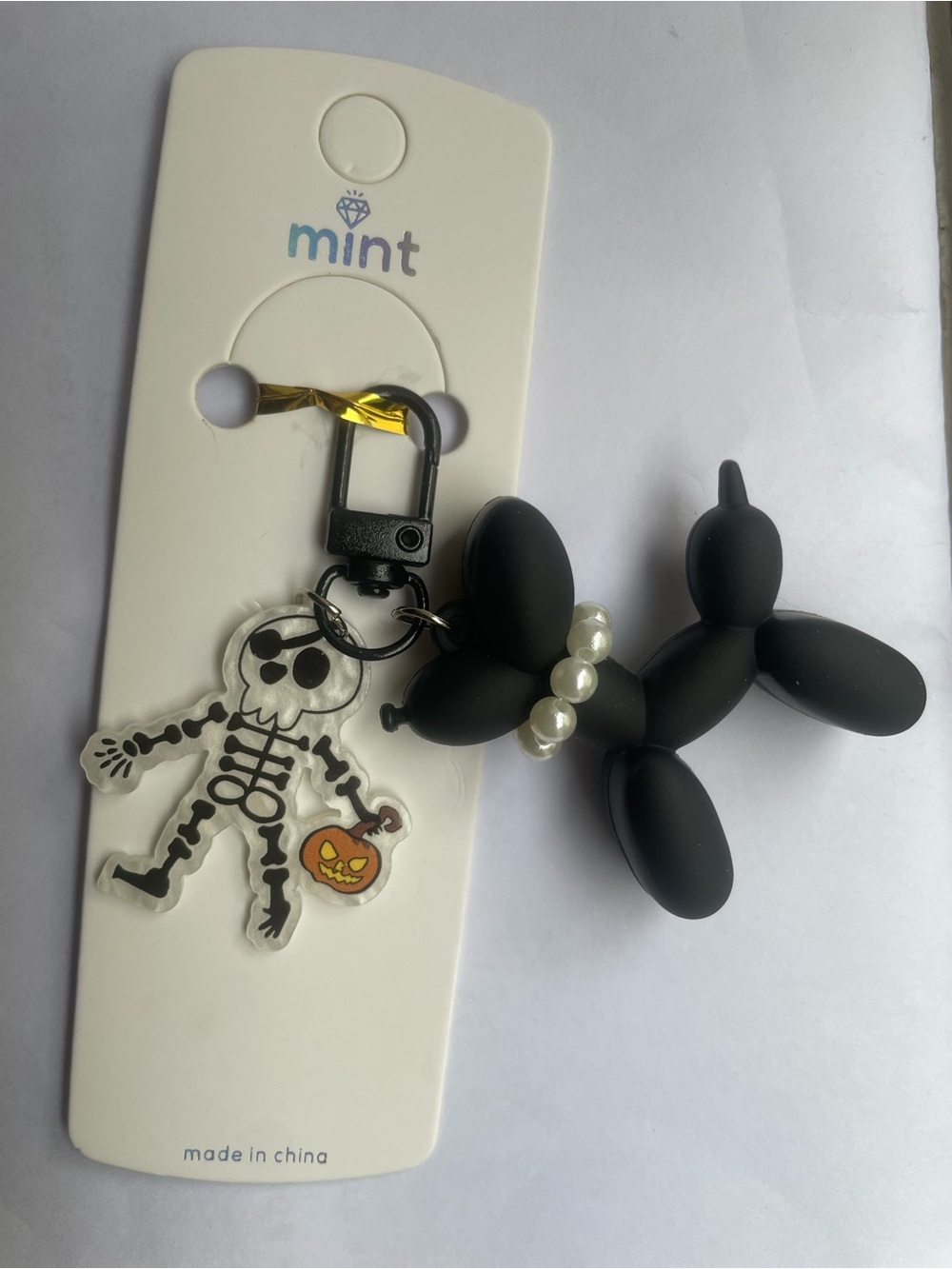 Mint Black Balloon Dog Zipper Pull Charm with Pearl Collar and Skeleton